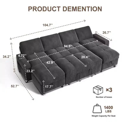 Canapé d'angle avec lit escamotable, méridienne de rangement, dossier réglable et port USB, chenille – Sanzelize Design