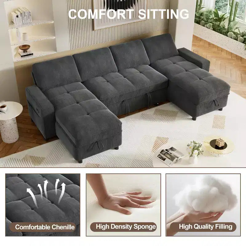 Canapé d'angle avec lit escamotable, méridienne de rangement, dossier réglable et port USB, chenille – Sanzelize Design