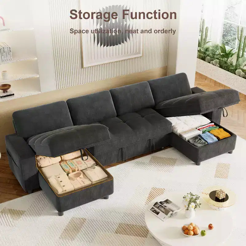 Canapé d'angle avec lit escamotable, méridienne de rangement, dossier réglable et port USB, chenille – Sanzelize Design