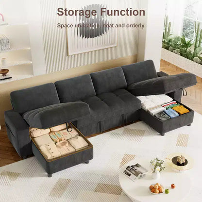 Canapé d'angle avec lit escamotable, méridienne de rangement, dossier réglable et port USB, chenille – Sanzelize Design