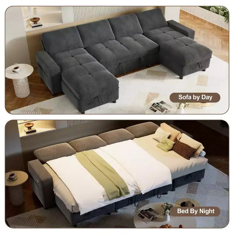 Canapé d'angle avec lit escamotable, méridienne de rangement, dossier réglable et port USB, chenille – Sanzelize Design