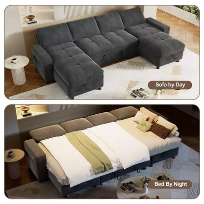 Canapé d'angle avec lit escamotable, méridienne de rangement, dossier réglable et port USB, chenille – Sanzelize Design