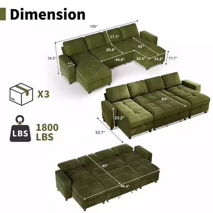 Canapé d'angle avec lit escamotable, méridienne de rangement, dossier réglable et port USB, chenille – Sanzelize Design