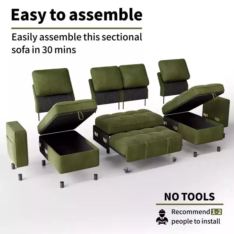 Canapé d'angle avec lit escamotable, méridienne de rangement, dossier réglable et port USB, chenille – Sanzelize Design