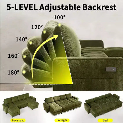 Canapé d'angle avec lit escamotable, méridienne de rangement, dossier réglable et port USB, chenille – Sanzelize Design