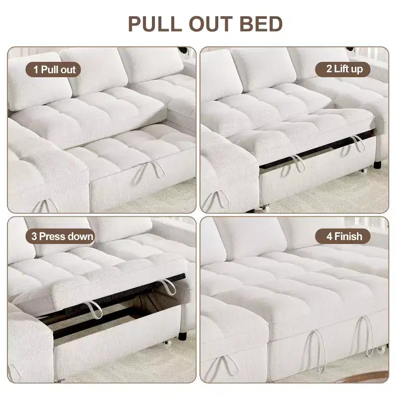 Canapé d'angle avec lit escamotable, méridienne de rangement, dossier réglable et port USB, chenille – Sanzelize Design