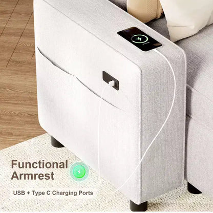 Canapé d'angle avec lit escamotable, méridienne de rangement, dossier réglable et port USB, chenille – Sanzelize Design