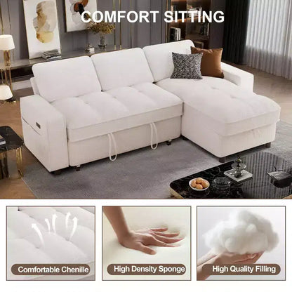 Canapé d'angle avec lit escamotable, méridienne de rangement, dossier réglable et port USB, chenille – Sanzelize Design