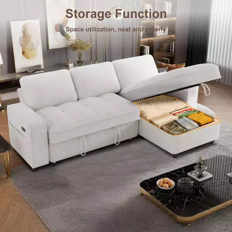 Canapé d'angle avec lit escamotable, méridienne de rangement, dossier réglable et port USB, chenille – Sanzelize Design