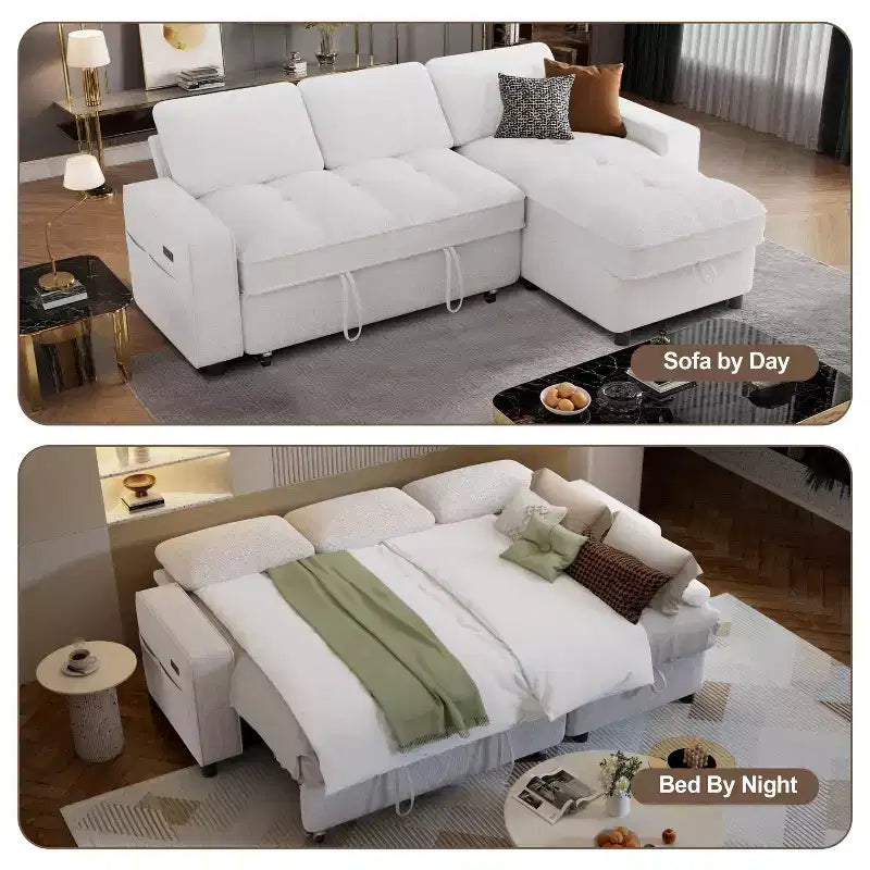 Canapé d'angle avec lit escamotable, méridienne de rangement, dossier réglable et port USB, chenille – Sanzelize Design
