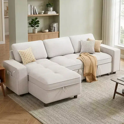 Canapé d'angle avec lit escamotable, méridienne de rangement, dossier réglable et port USB, chenille – Sanzelize Design