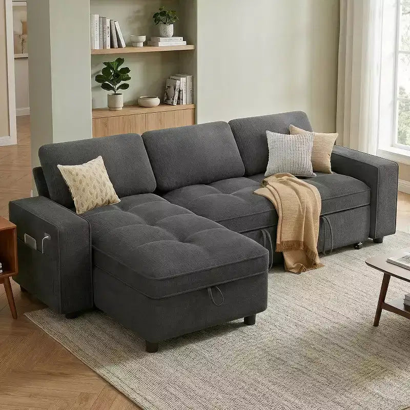 Canapé d'angle avec lit escamotable, méridienne de rangement, dossier réglable et port USB, chenille – Sanzelize Design