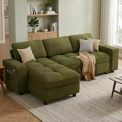 Canapé d'angle avec lit escamotable, méridienne de rangement, dossier réglable et port USB, chenille – Sanzelize Design