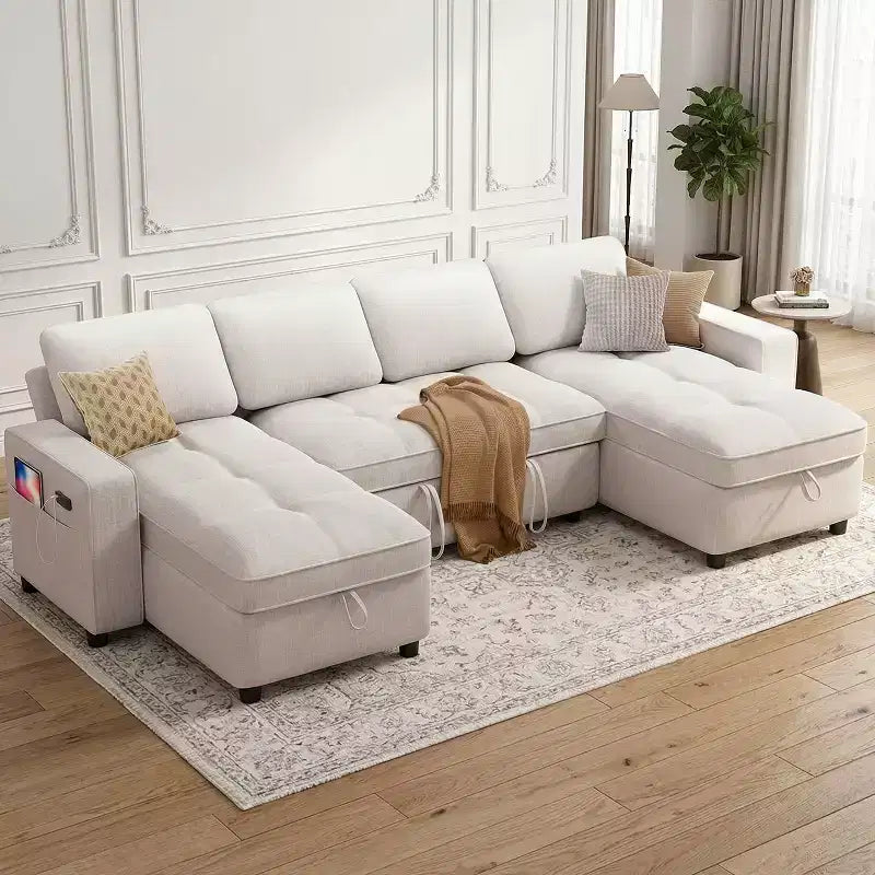 Canapé d'angle avec lit escamotable, méridienne de rangement, dossier réglable et port USB, chenille – Sanzelize Design