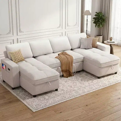 Canapé d'angle avec lit escamotable, méridienne de rangement, dossier réglable et port USB, chenille – Sanzelize Design