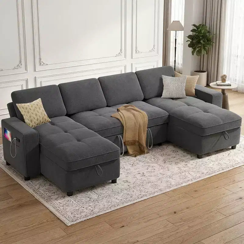 Canapé d'angle avec lit escamotable, méridienne de rangement, dossier réglable et port USB, chenille – Sanzelize Design