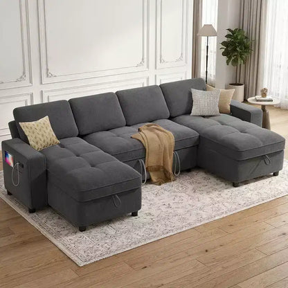 Canapé d'angle avec lit escamotable, méridienne de rangement, dossier réglable et port USB, chenille – Sanzelize Design