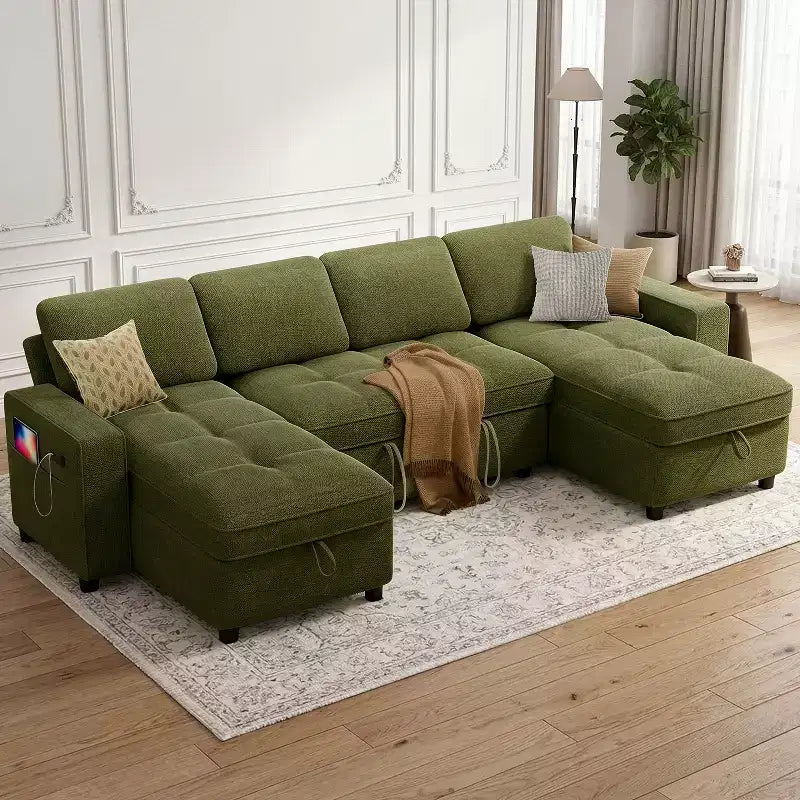 Canapé d'angle avec lit escamotable, méridienne de rangement, dossier réglable et port USB, chenille – Sanzelize Design