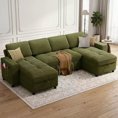 Canapé d'angle avec lit escamotable, méridienne de rangement, dossier réglable et port USB, chenille – Sanzelize Design