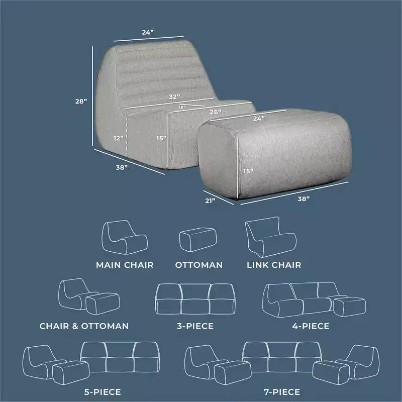 Grand ensemble de meubles de jardin d'extérieur, fauteuil et pouf en tissu de lin résistant aux intempéries – Sanzelize Design