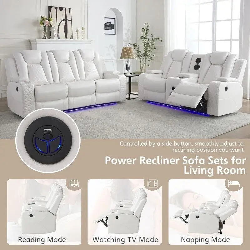 Canapé inclinable électrique avec chargeur sans fil, liseuse pour salon, lumière LED en similicuir, port AC/USB – Sanzelize Design
