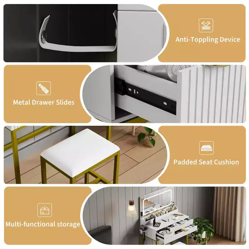 Coiffeuse avec miroir et lumières, miroir lumineux à LED, tiroirs de rangement spacieux pour produits cosmétiques et – Sanzelize Design