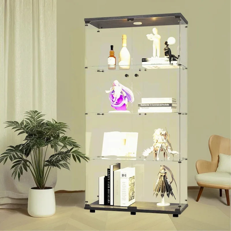 Vitrine en verre éclairée à deux portes avec 4 étagères, noire – Sanzelize Design