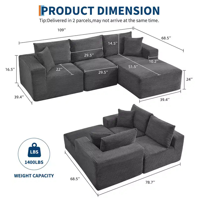 Canapé moderne 274 cm, canapé 3 places rembourré en forme de L avec oreillers, canapé à assise profonde – Sanzelize Design