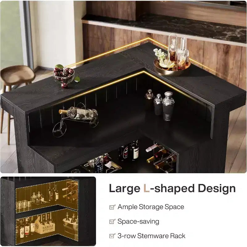 Bar de salon en L, bar à liqueurs d'angle à 4 niveaux avec étagères de rangement et porte-verres à vin pour pub à – Sanzelize Design