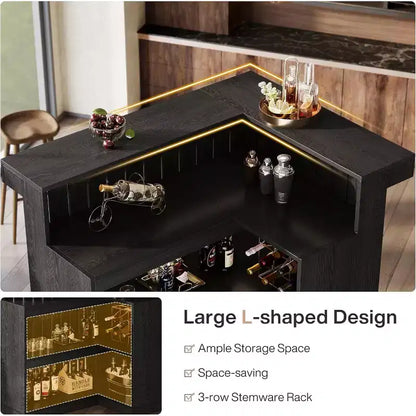 Bar de salon en L, bar à liqueurs d'angle à 4 niveaux avec étagères de rangement et porte-verres à vin pour pub à – Sanzelize Design