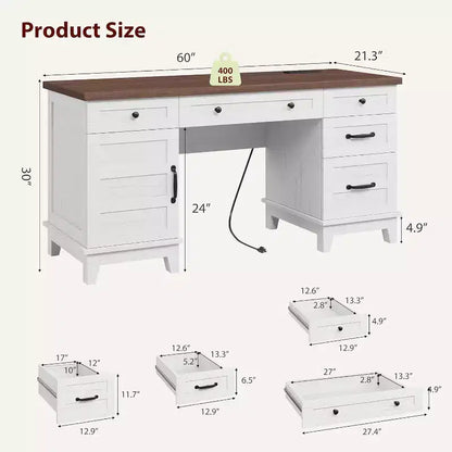 Bureau de direction de 152 cm avec tiroirs, bureau d'ordinateur avec station de charge – Sanzelize Design