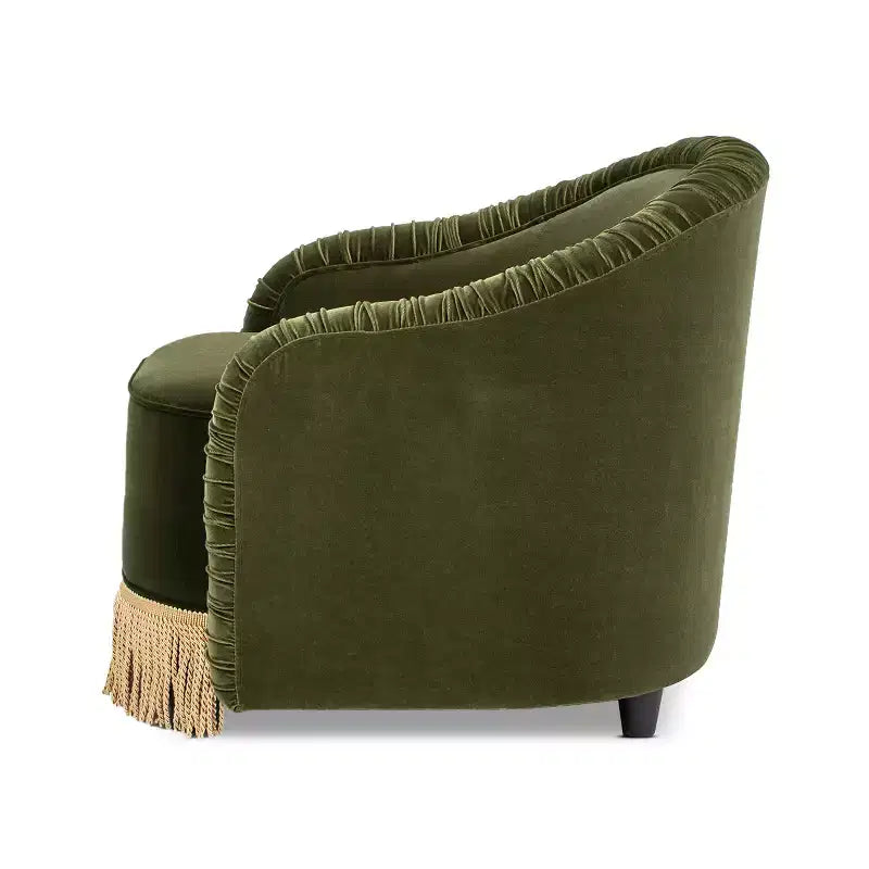 Serena fauteuil d'appoint avec dossier capitonné et franges, velours performant vert olive, 80 cm – Sanzelize Design