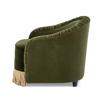 Serena fauteuil d'appoint avec dossier capitonné et franges, velours performant vert olive, 80 cm – Sanzelize Design
