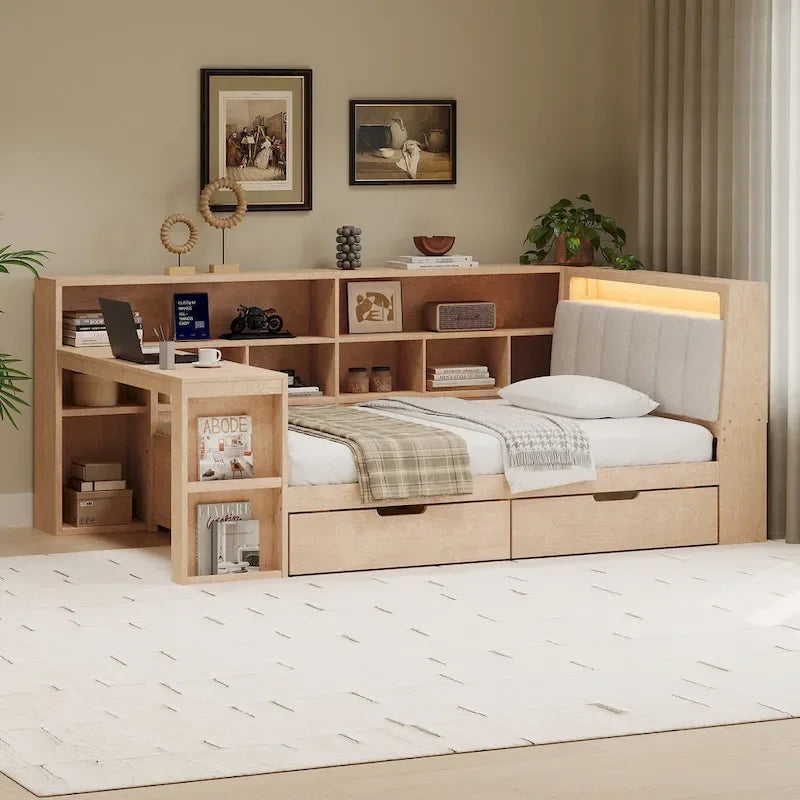 Canapé-lit d'angle en bois en forme de L avec bureau, bibliothèque, lit d'angle avec tiroirs de rangement – Sanzelize Design