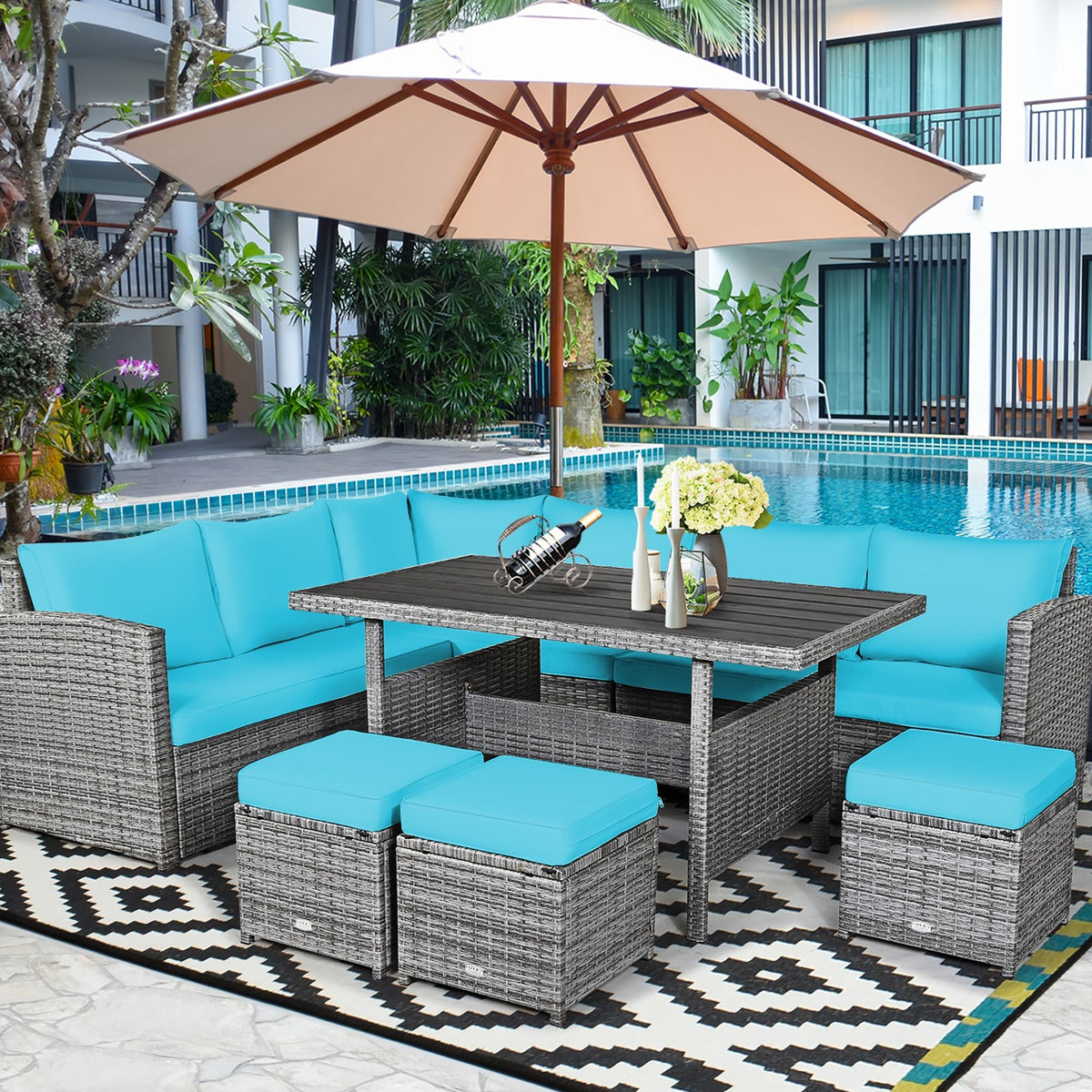 Ensemble de salle à manger 7 pièces en rotin pour terrasse, canapé sectionnel et pouf - Voir détails – Sanzelize Design