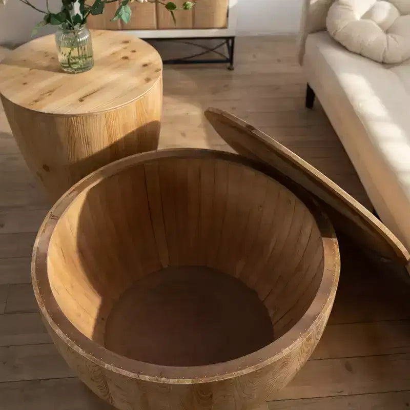 Table basse de rangement ronde et rétro en bois, adaptée au salon, à la salle à manger ou au bureau. – Sanzelize Design