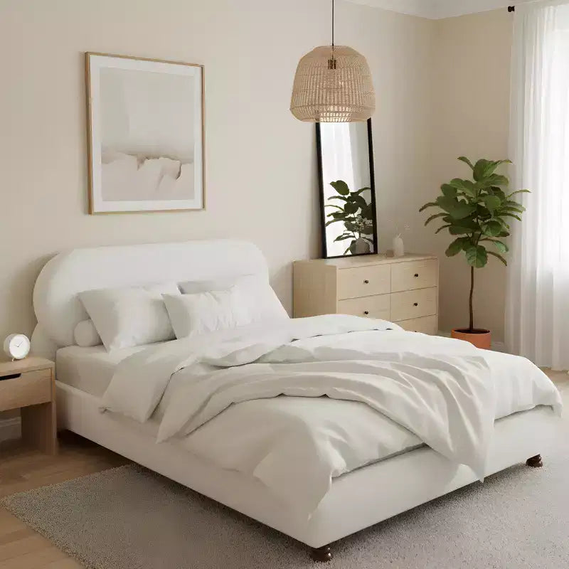 Lit rembourré en bouclette moderne en bois d'hévéa Matteo – Sanzelize Design