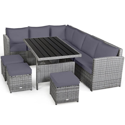 Ensemble de salle à manger 7 pièces en rotin pour terrasse, canapé sectionnel et pouf - Voir détails – Sanzelize Design