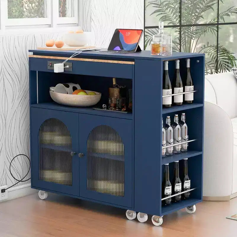 Îlot de cuisine roulant avec 2 portes en verre, Desserte de cuisine avec table extensible et prises de courant – Sanzelize Design