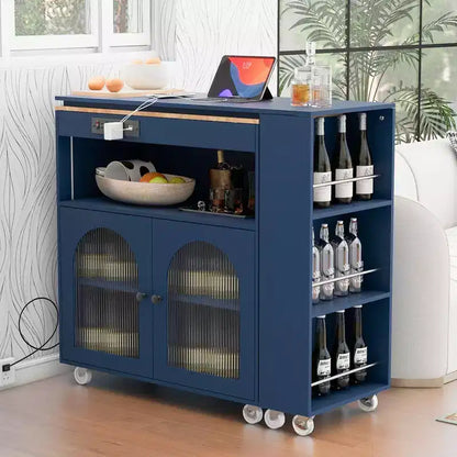 Îlot de cuisine roulant avec 2 portes en verre, Desserte de cuisine avec table extensible et prises de courant – Sanzelize Design