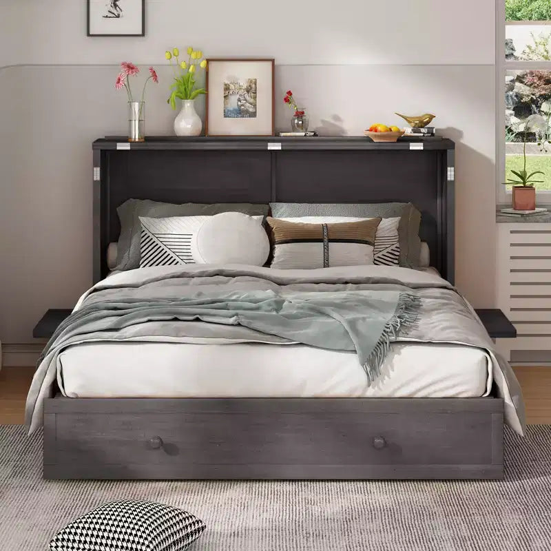 Lit escamotable Murphy 152 x 203 cm, lit coffre Cube avec station de charge et espace de rangement – Sanzelize Design