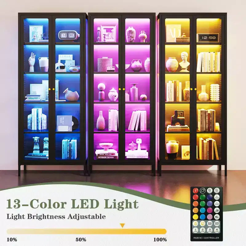 Vitrine 170 cm en Verre à 3 Côtés avec Lumières LED, Rangement à 5 Niveaux avec Double Porte et Cadre Métallique pour – Sanzelize Design