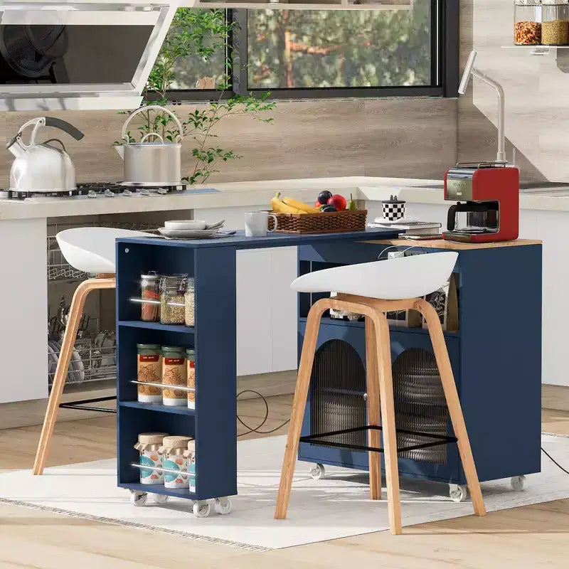 Îlot de cuisine roulant avec 2 portes en verre, Desserte de cuisine avec table extensible et prises de courant – Sanzelize Design