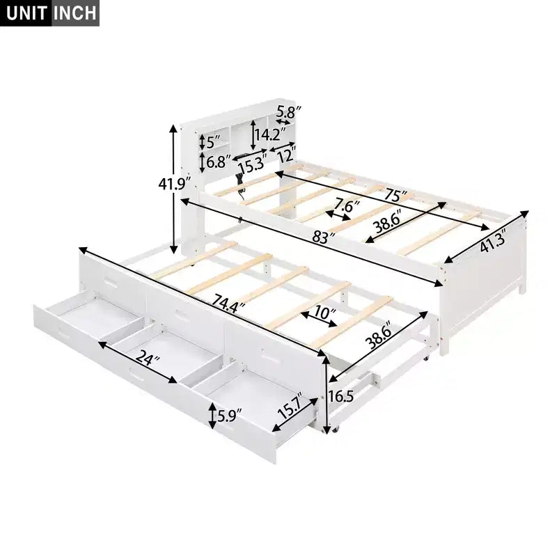 Lit plateforme avec lit gigogne et tiroirs, lit plateforme de rangement avec USB – Sanzelize Design