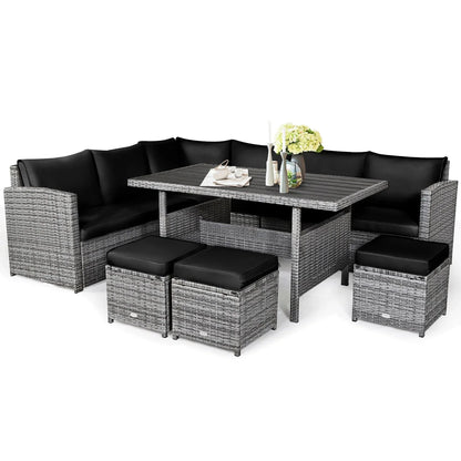 Ensemble de salle à manger 7 pièces en rotin pour terrasse, canapé sectionnel et pouf - Voir détails – Sanzelize Design