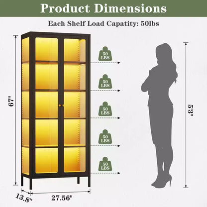 Vitrine 170 cm en Verre à 3 Côtés avec Lumières LED, Rangement à 5 Niveaux avec Double Porte et Cadre Métallique pour – Sanzelize Design