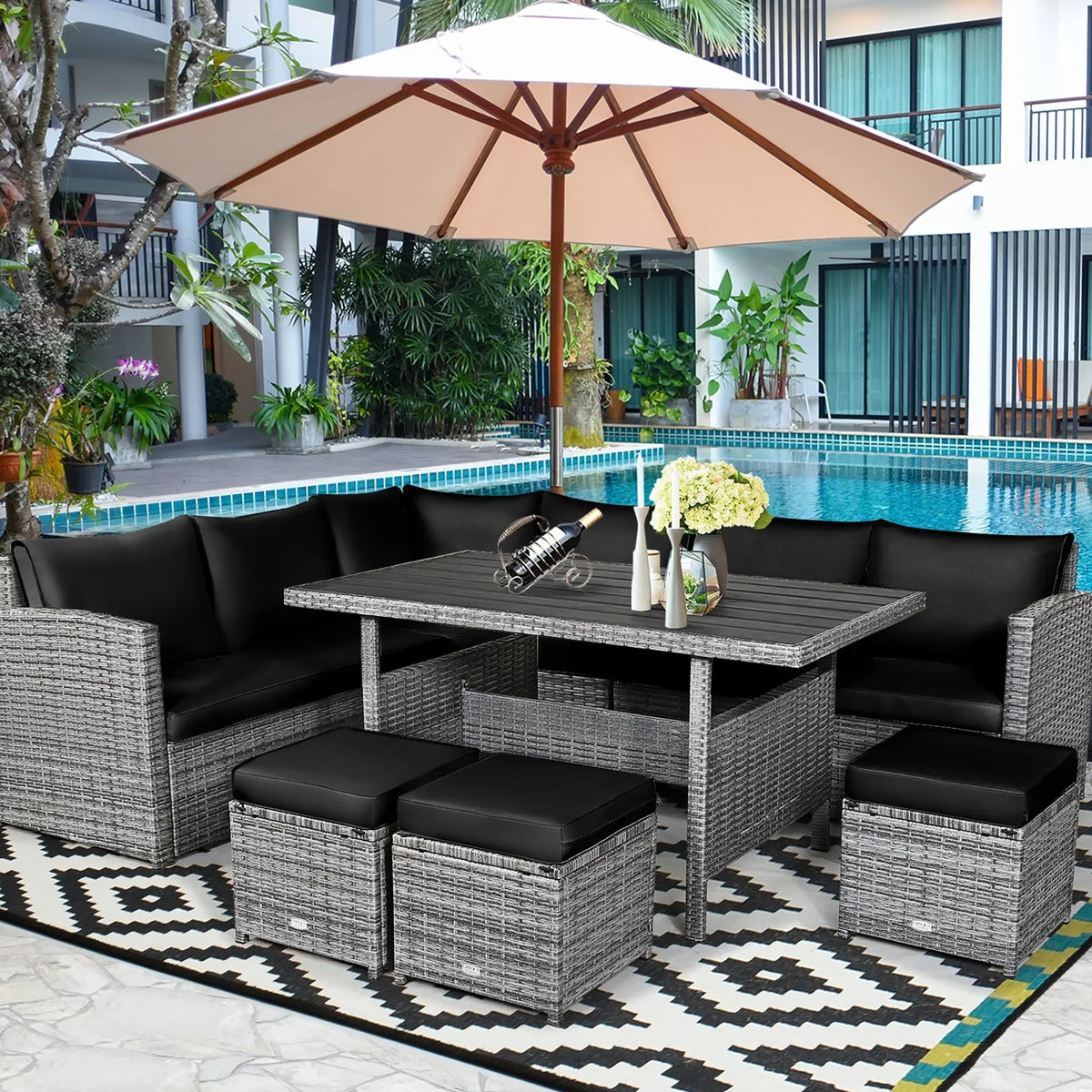 Ensemble de salle à manger 7 pièces en rotin pour terrasse, canapé sectionnel et pouf - Voir détails – Sanzelize Design