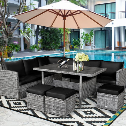 Ensemble de salle à manger 7 pièces en rotin pour terrasse, canapé sectionnel et pouf - Voir détails – Sanzelize Design