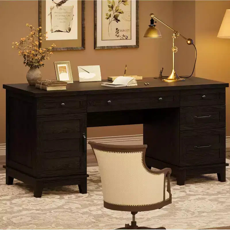 Bureau de direction de 152 cm avec tiroirs, bureau d'ordinateur avec station de charge – Sanzelize Design