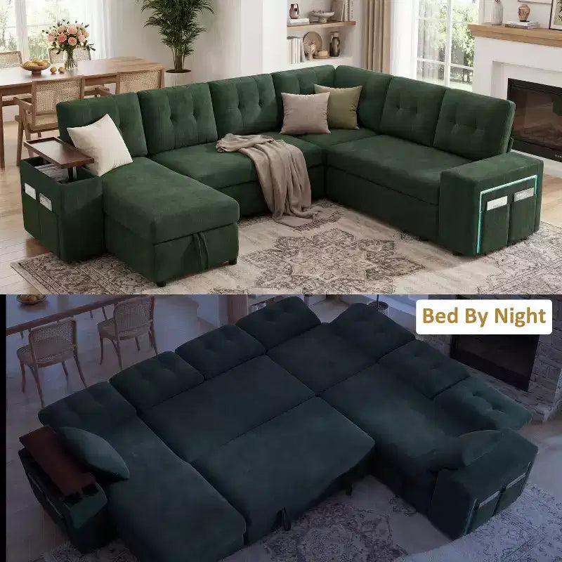 Canapé modulaire 284 cm convertible avec lit gigogne, canapé d'angle en U avec rangement – Sanzelize Design